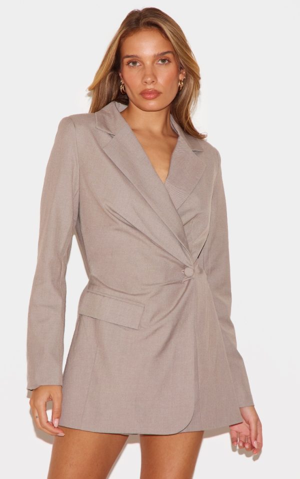 Taupe Tailored Woven Cinched Waist Long Sleeve Romper