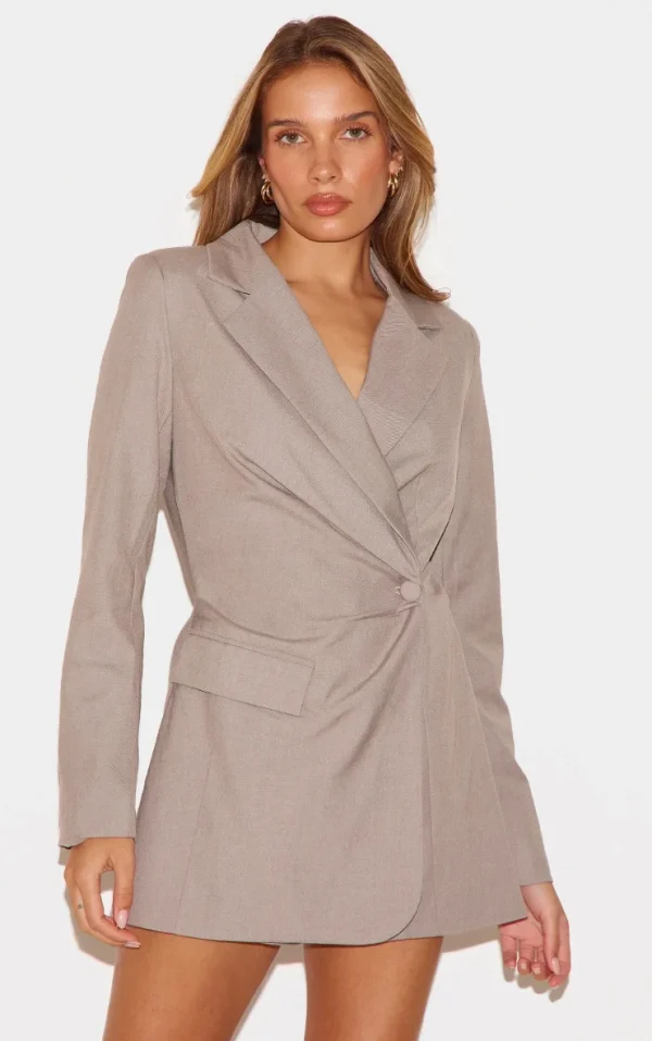 Taupe Tailored Woven Cinched Waist Long Sleeve Romper