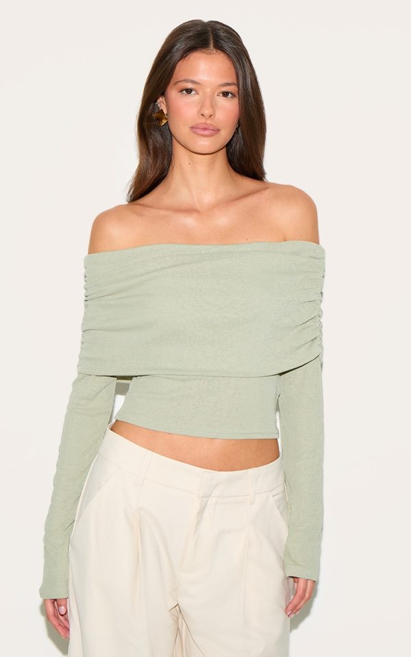 Sage Green Onion Skin Bardot Ruched Top