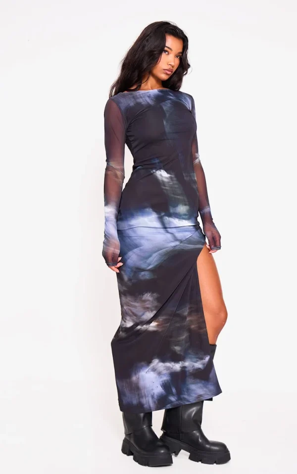 Black Printed Mesh Long Sleeve Maxi Dress