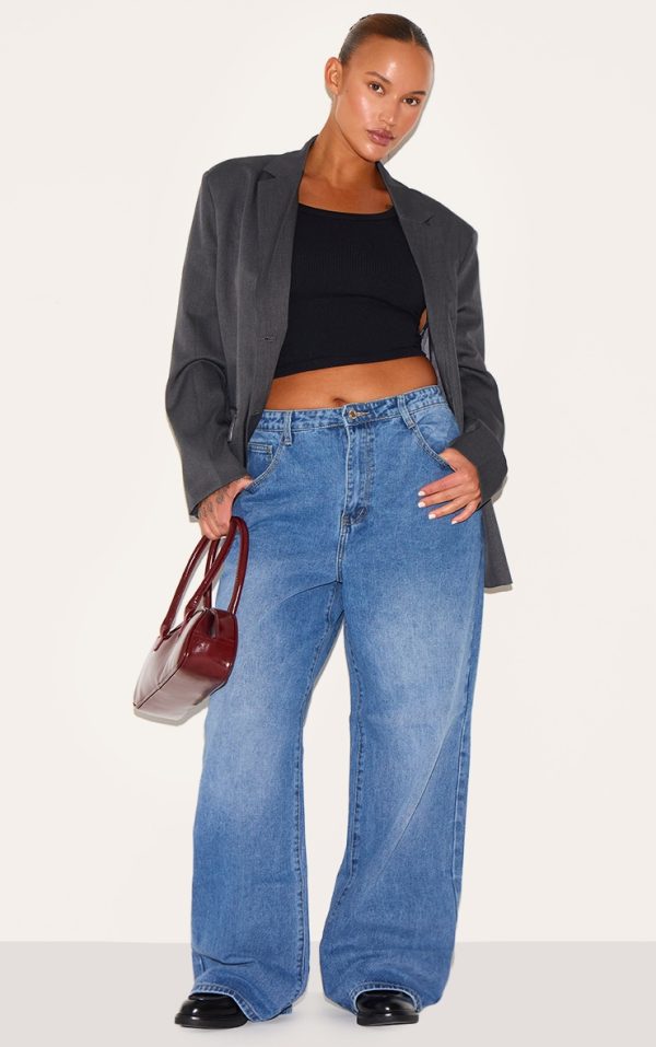 Plus Mid Blue Wash Mid Rise Straight Leg Jeans