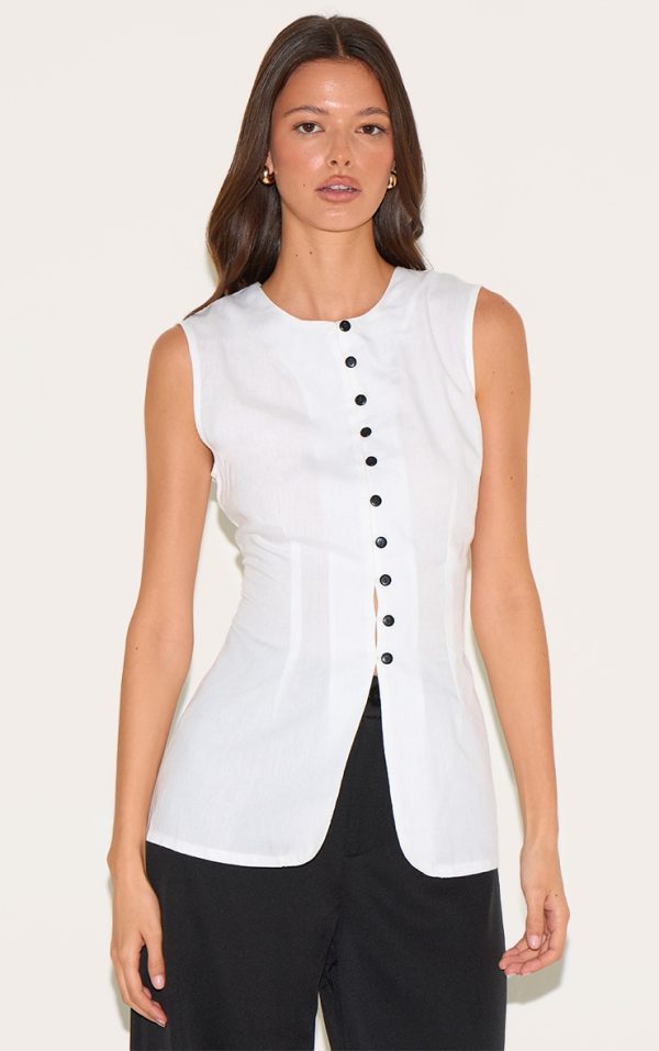 White Linen Blend Button Vest