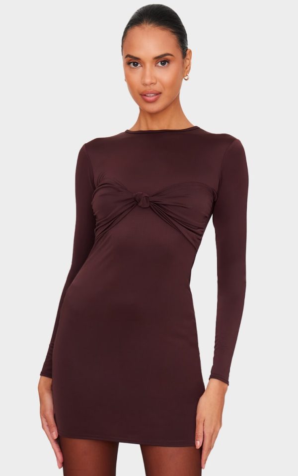 Chocolate Twist Bandeau Detail Long Sleeve Mini Bodycon Dress