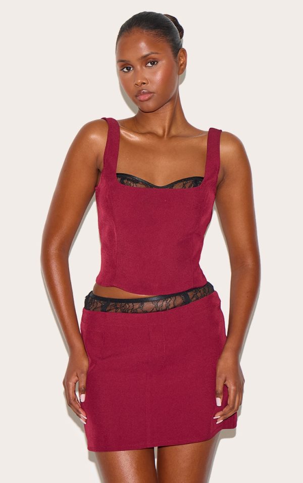Burgundy Lace Detail Corset Woven Crop Top