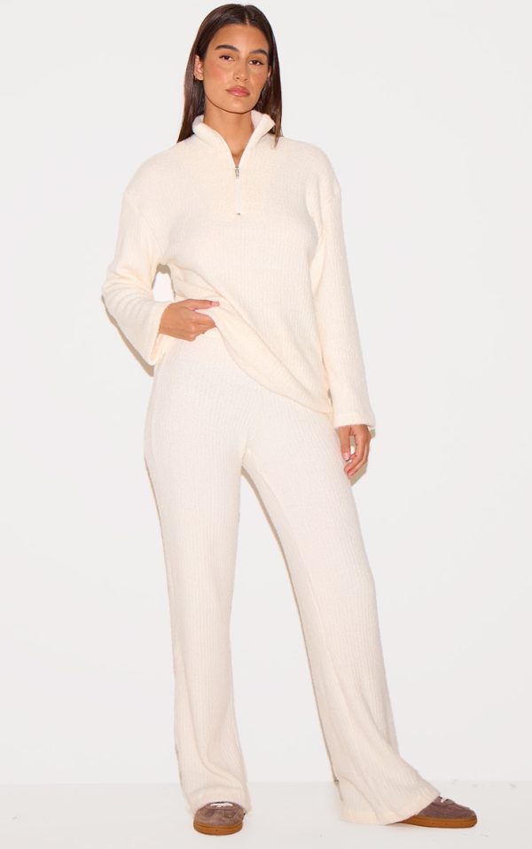 Cream Textured Soft Rib Mid Rise Straight Leg Pants