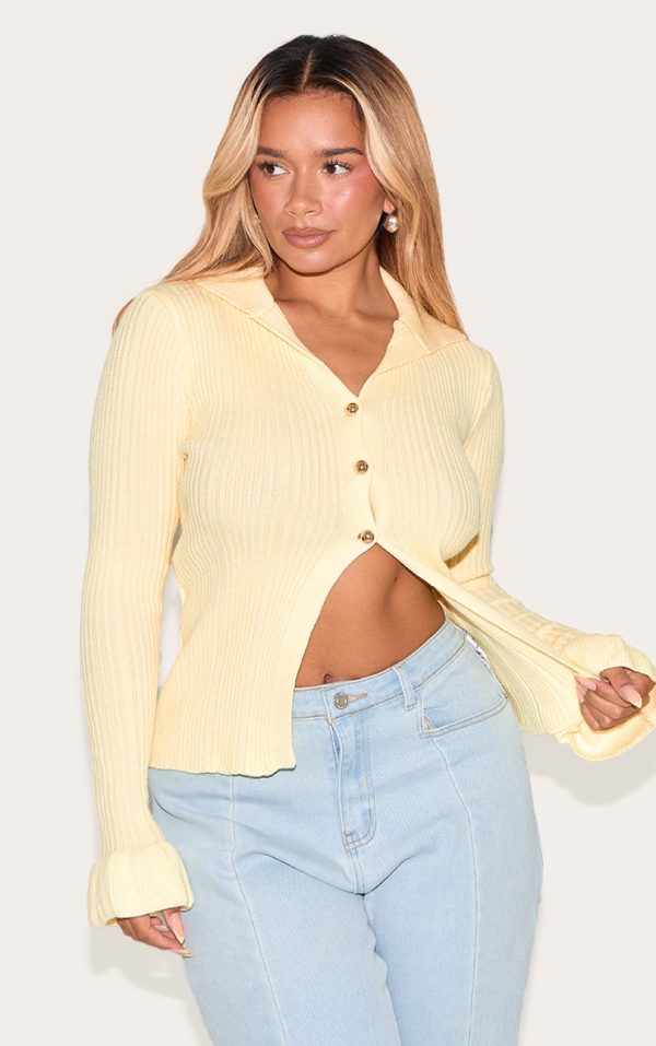 Shape Lemon Knitted Rib Button Front Split Hem Cardigan