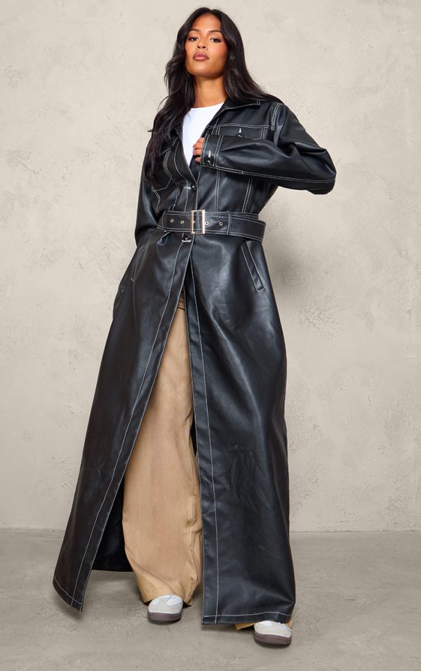 Tall Black Faux Leather Contrast Stitch Split Hem Trench Coat