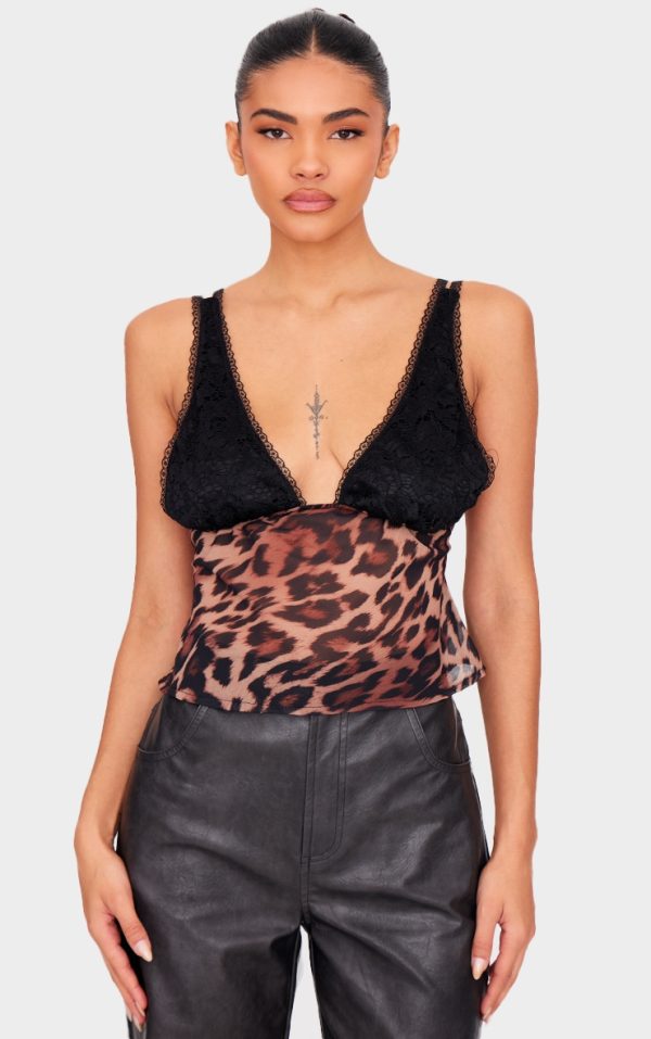Brown Leopard Print Chiffon Lace Long Top