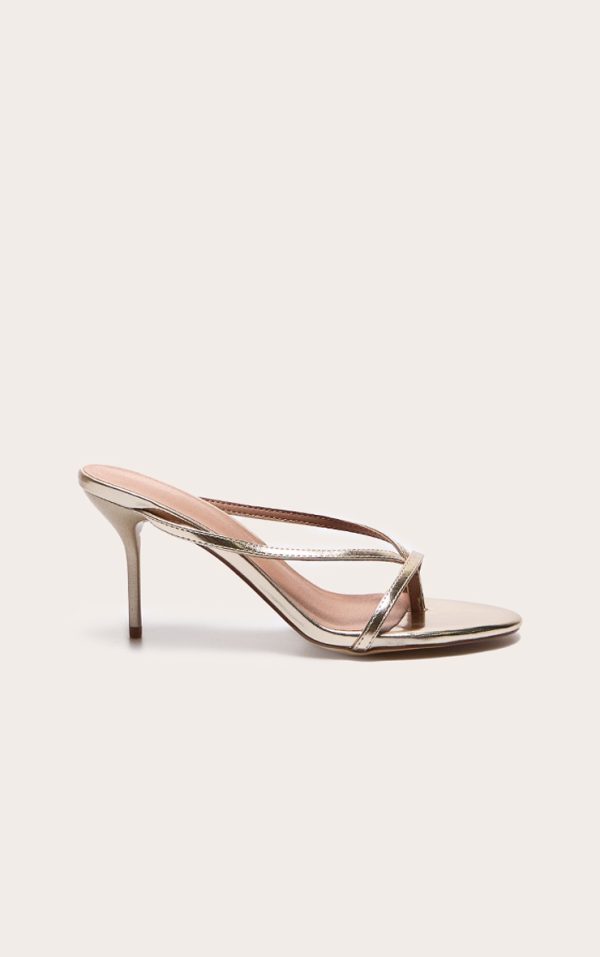 Gold Pu Round Toe Thong High Stiletto Heeled Mules