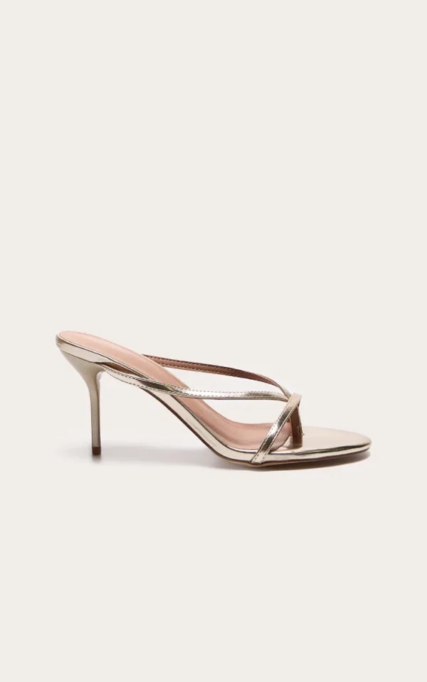 Gold Pu Round Toe Thong High Stiletto Heeled Mules