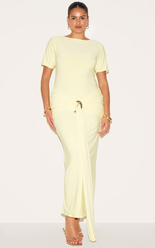 Plus Butter Yellow Boat Neck Wrap Waist Detail Maxi Dress