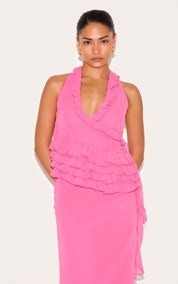 Petite Pink Mesh Halterneck Frill Detail Top