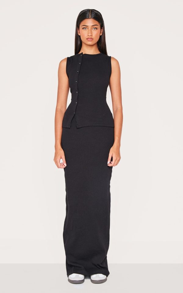 Black Ribbed Detail Mid Rise Maxi Skirt