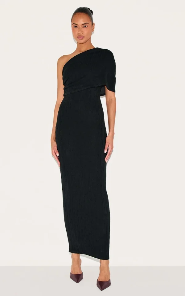 Black Textured Extreme Bardot Maxi Dress