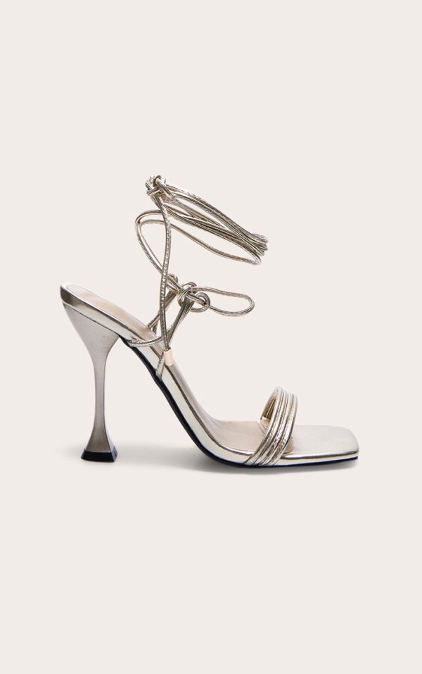 Gold Pu Square Toe Triple Strap Lace Up Mid Heeled Sandals
