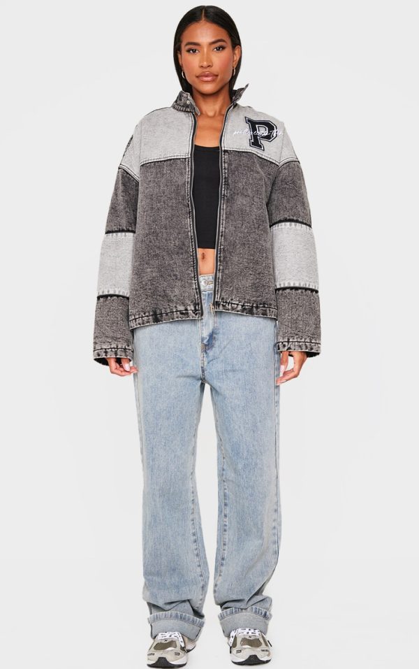 Black Oversized Denim Varsity Bomber Jacket