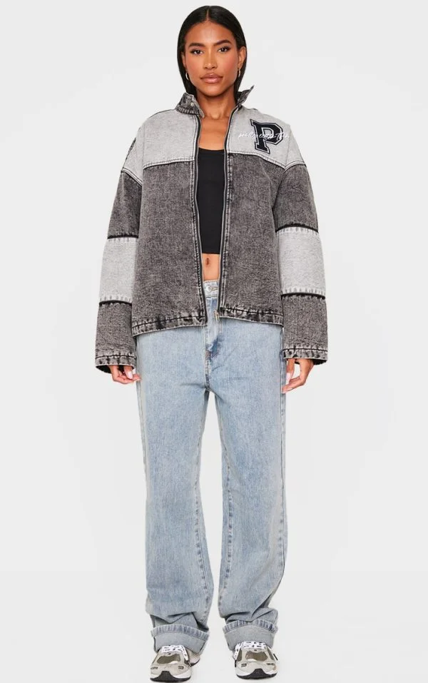 Black Oversized Denim Varsity Bomber Jacket