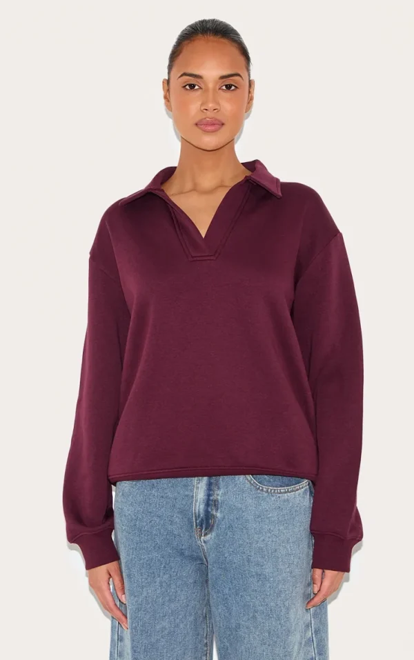 Plum Collar Detail Long Sleeve Sweatshirt
