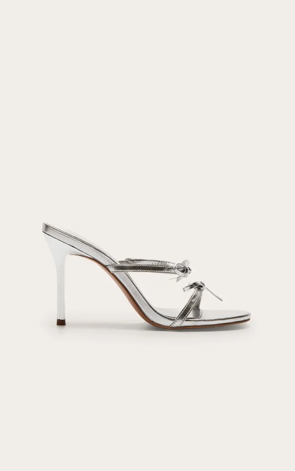 Silver Pu Round Toe Bow Strap High Stiletto Heeled Mules