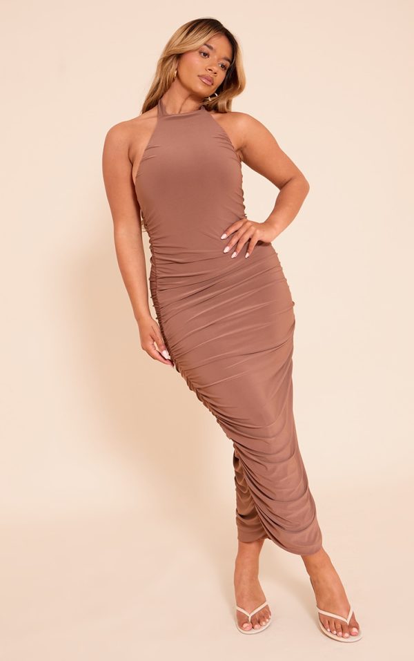 Shape Mocha High Neck Ruched Maxi Dress