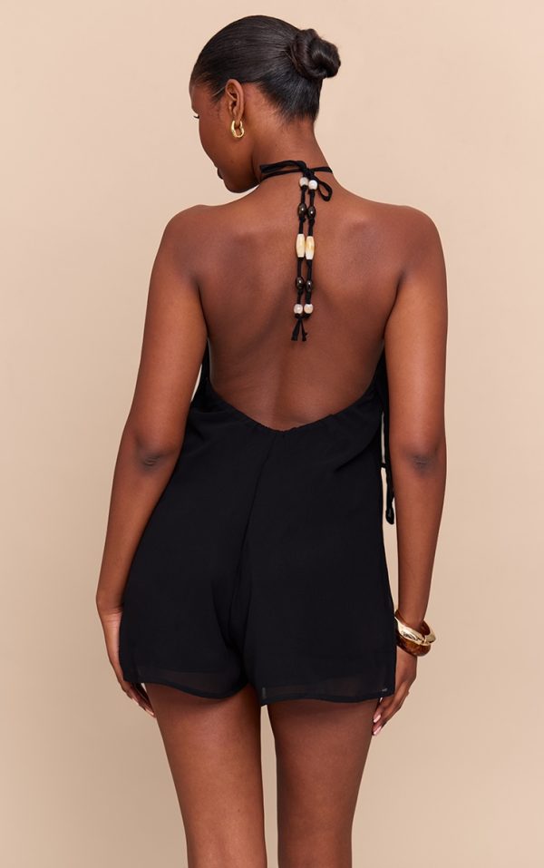 Black Chiffon Backless Bead Detail Floaty Romper