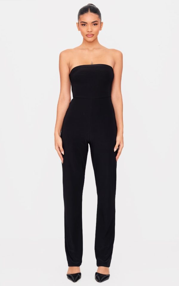Black Double Layer Slinky Bandeau Straight Leg Jumpsuit