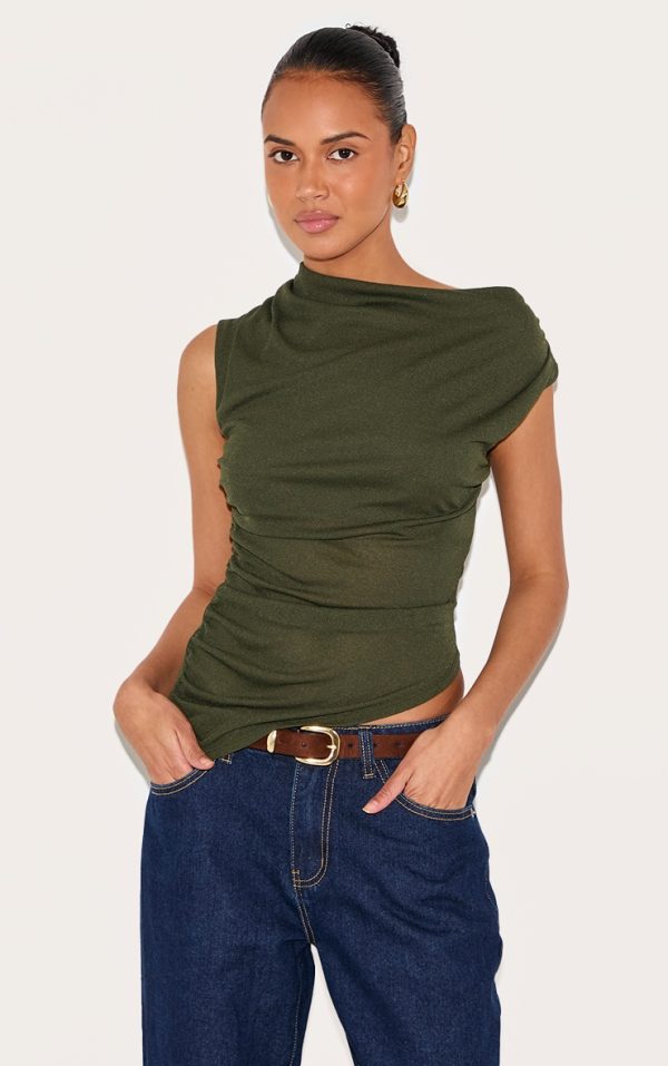 Olive Burnout Mesh Asymmetric Hem Long Top