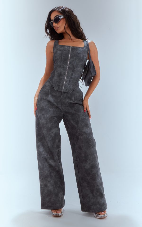 Petite Washed Grey Faux Leather Straight Leg Pants