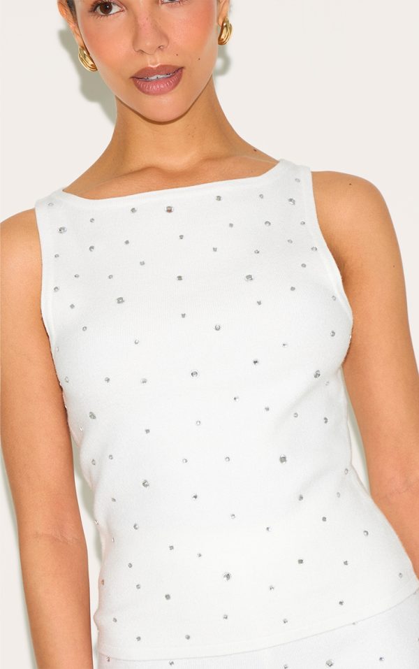 Petite White Knitted Diamante Boatneck Long Top