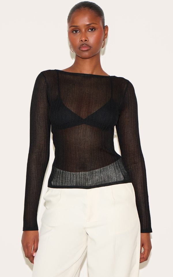 Black Sheer Knit Long Sleeve Boat Neck Top Black