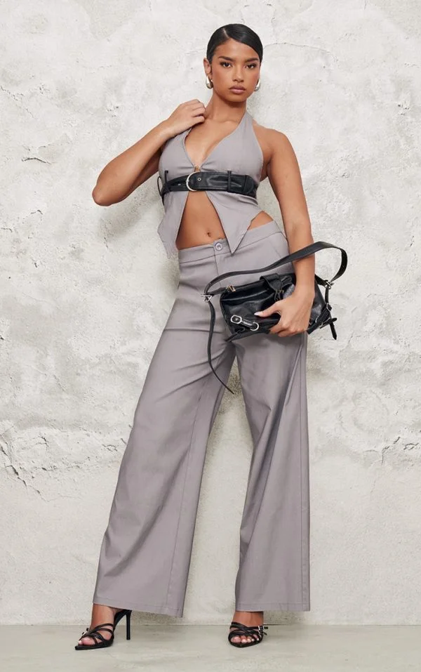 Grey Tailored Wide Leg Pants