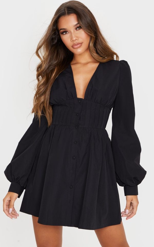 Black Button Front Fitted Puff Sleeve Skater Dress