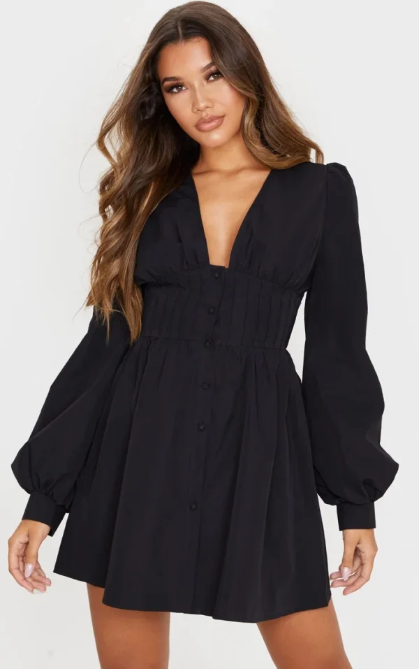 Black Button Front Fitted Puff Sleeve Skater Dress