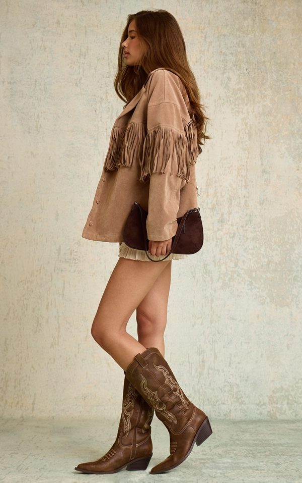 Beige Faux Suede Heavy Fringed Jacket