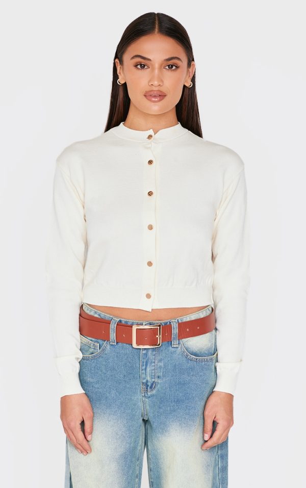 Cream Basic Knit Cropped Cardigan