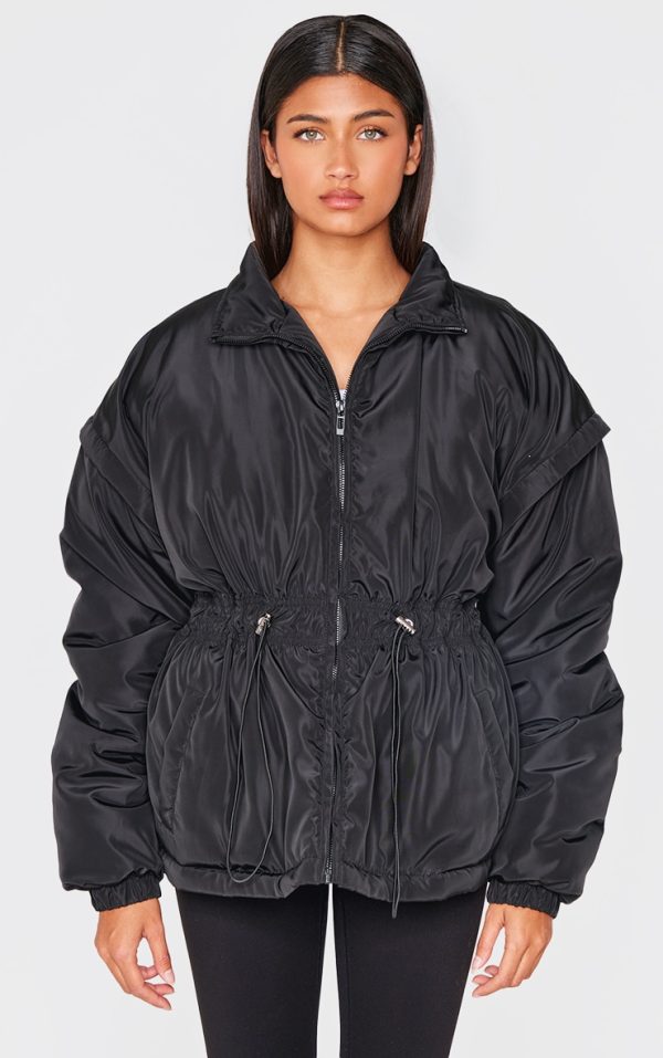 Black Cinched Waist Padded Jacket