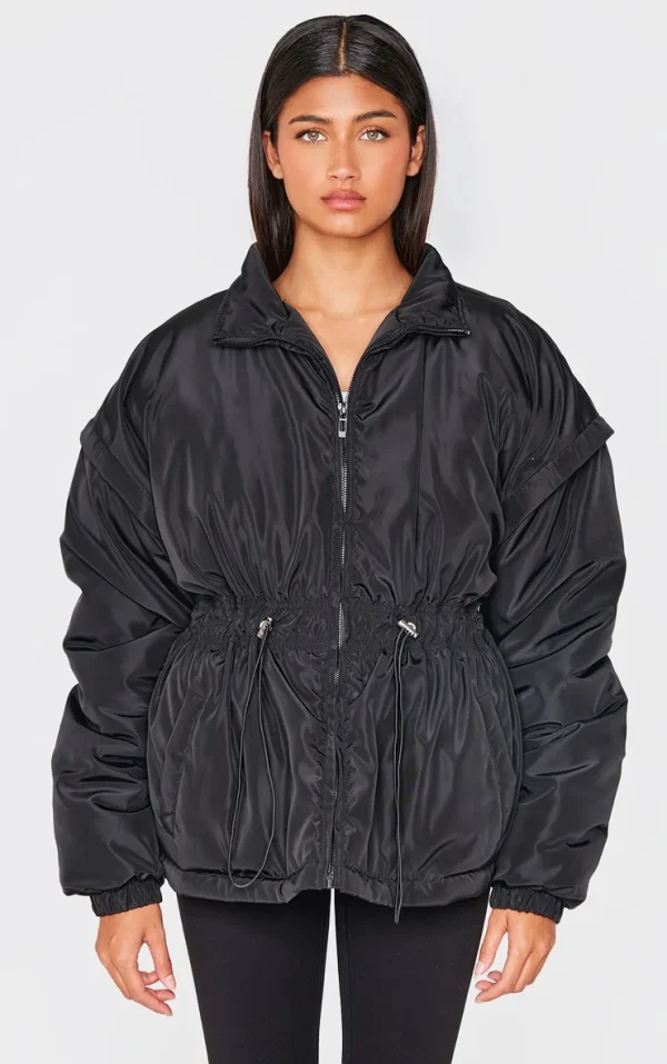 Black Cinched Waist Padded Jacket