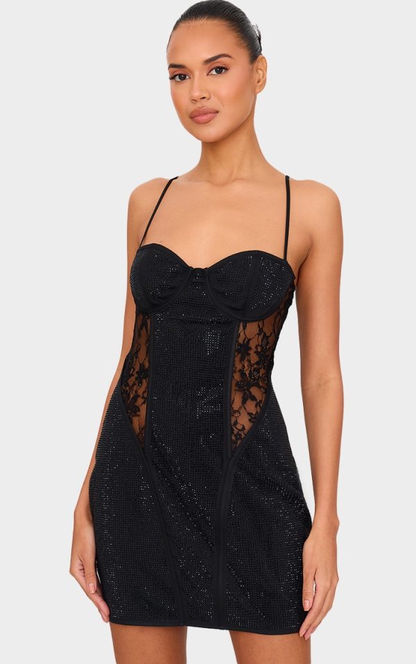 Black Premium Diamante Lace Cup Detail Mini Dress