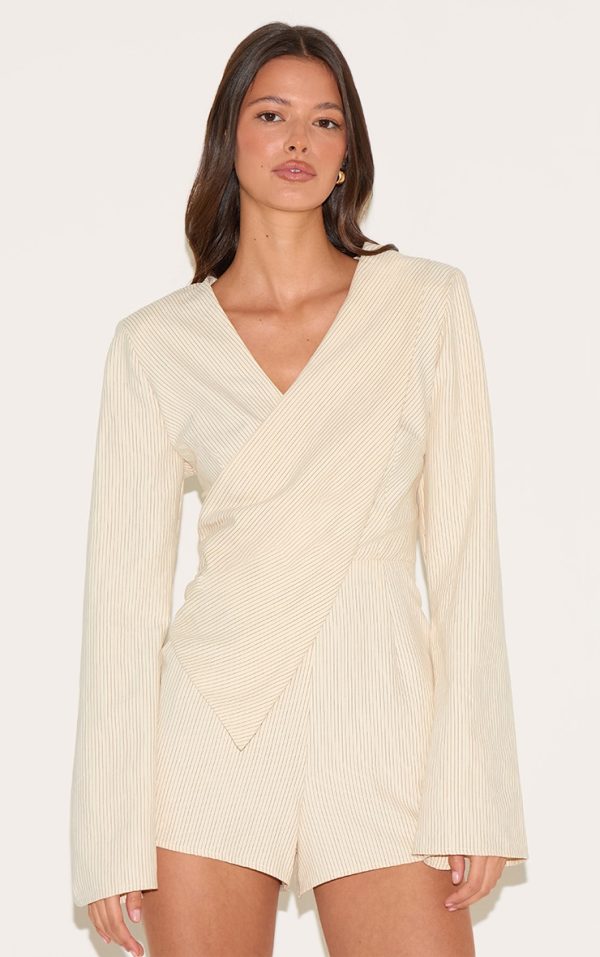 Cream Pinstripe Peachskin Wrap Front Long Sleeve Romper