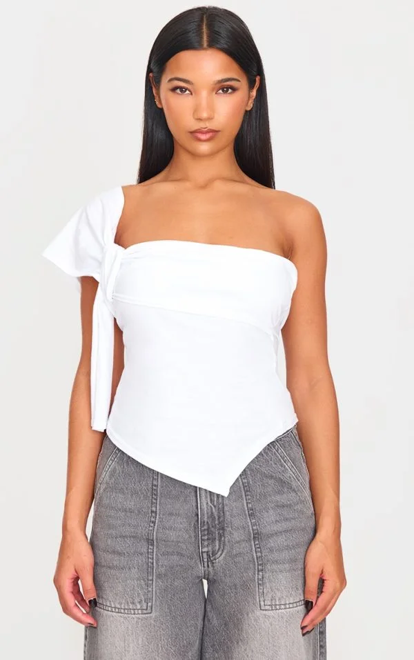 White Cotton Knot Detail Asymmetric Shoulder Long Top