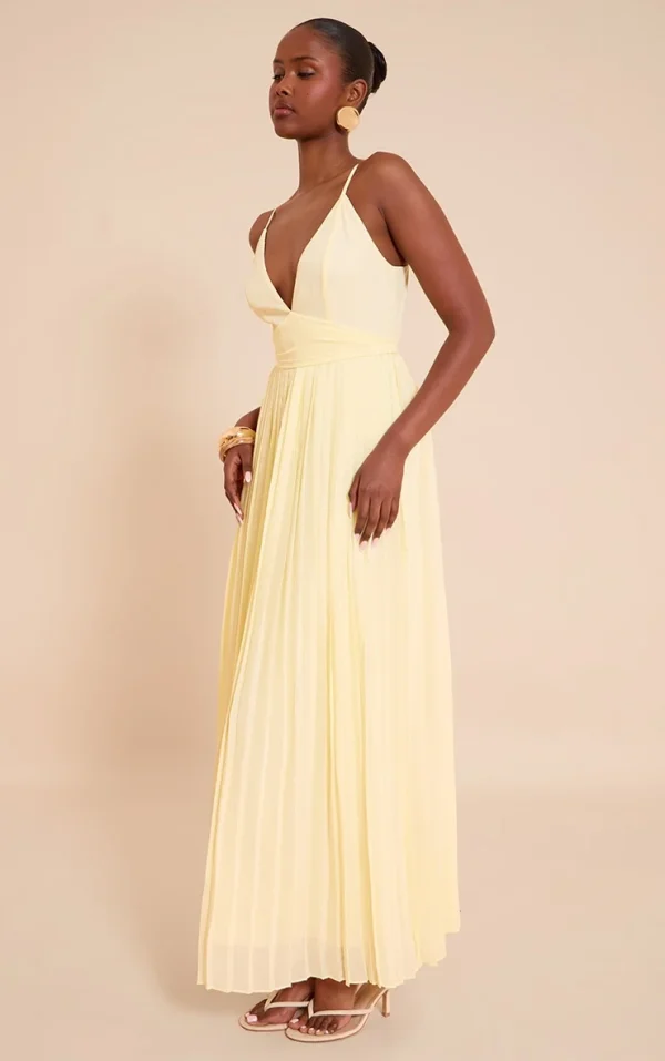 Lemon Chiffon Strappy Pleated Belt Detail Maxi Dress