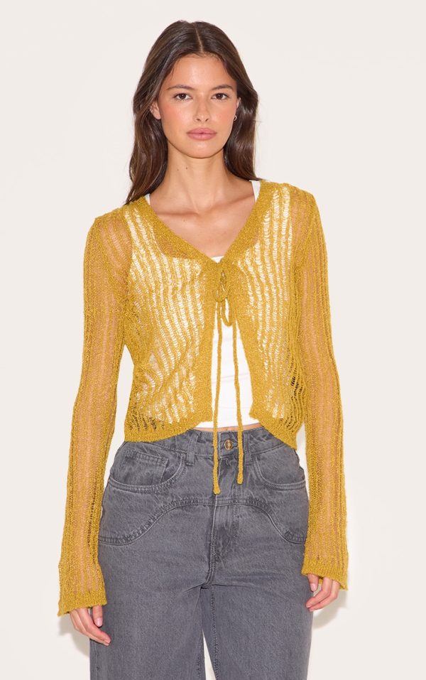 Olive Ladder Knit Sheer Cropped Tie Front Top