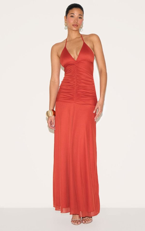 Rust Ruched Detail Strappy Maxi Dress