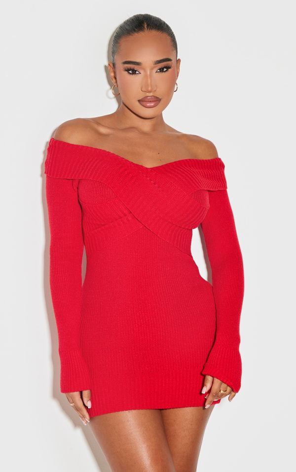 Shape Red Bardot Knitted Bodycon Dress