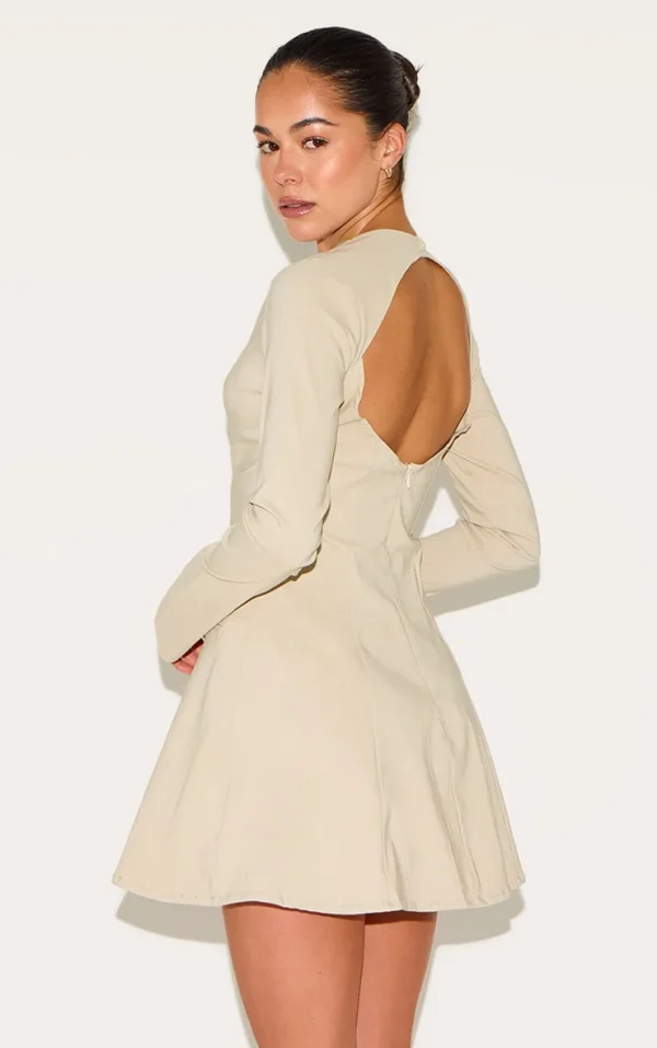 Beige Woven Boat Neck Flare Sleeve Shift Dress