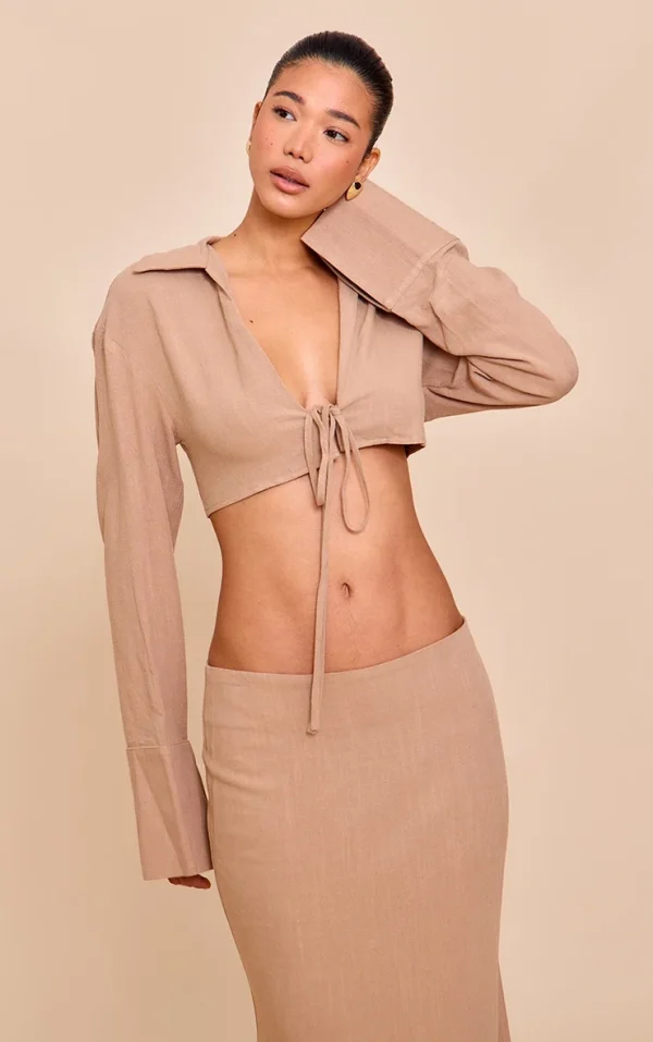 Sand Linen-Blend Tie Front Cropped Shirt