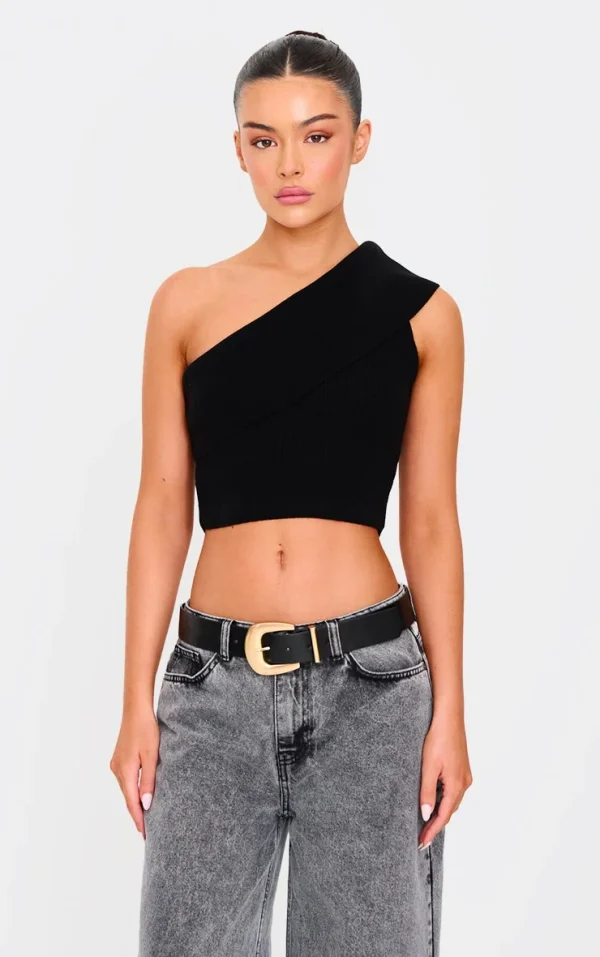 Black Soft Rib Knit One Shoulder Fold Over Crop Top