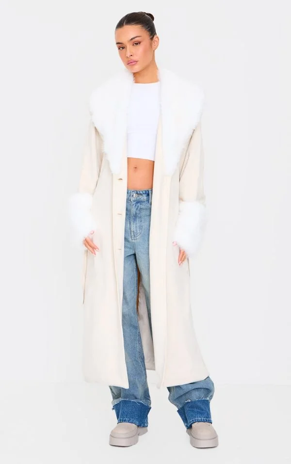 Sand Faux Fur Trim Contrast Faux Suede Coat
