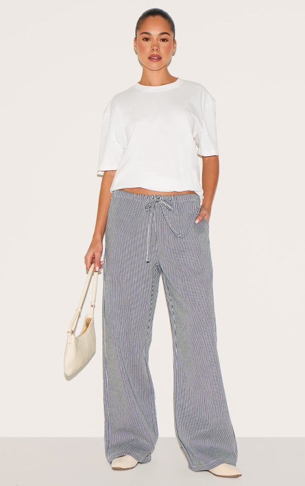 Blue Mid Rise Tie Waist Pinstripe Denim Pant