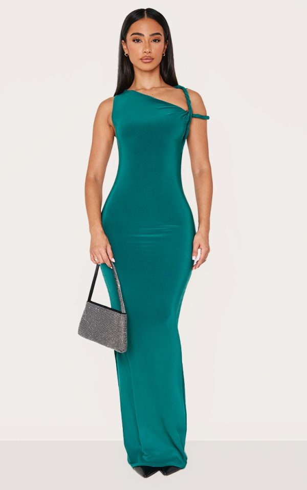 Petite Emerald Green Twist Shoulder Slinky Maxi Dress